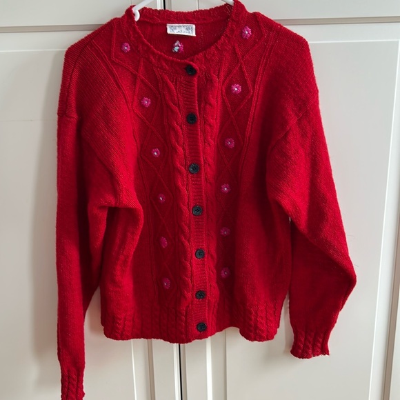 Sweaters - Vintage Cornell Trading red cardigan sweater with embroidery L